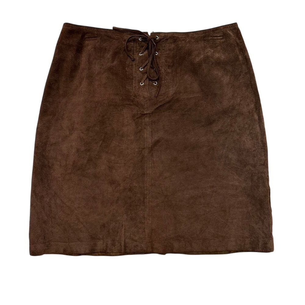 Clothes by Revue Leather Skirt‎ Womens 12 Brown Lace Up Suede Mini A-Line 90s